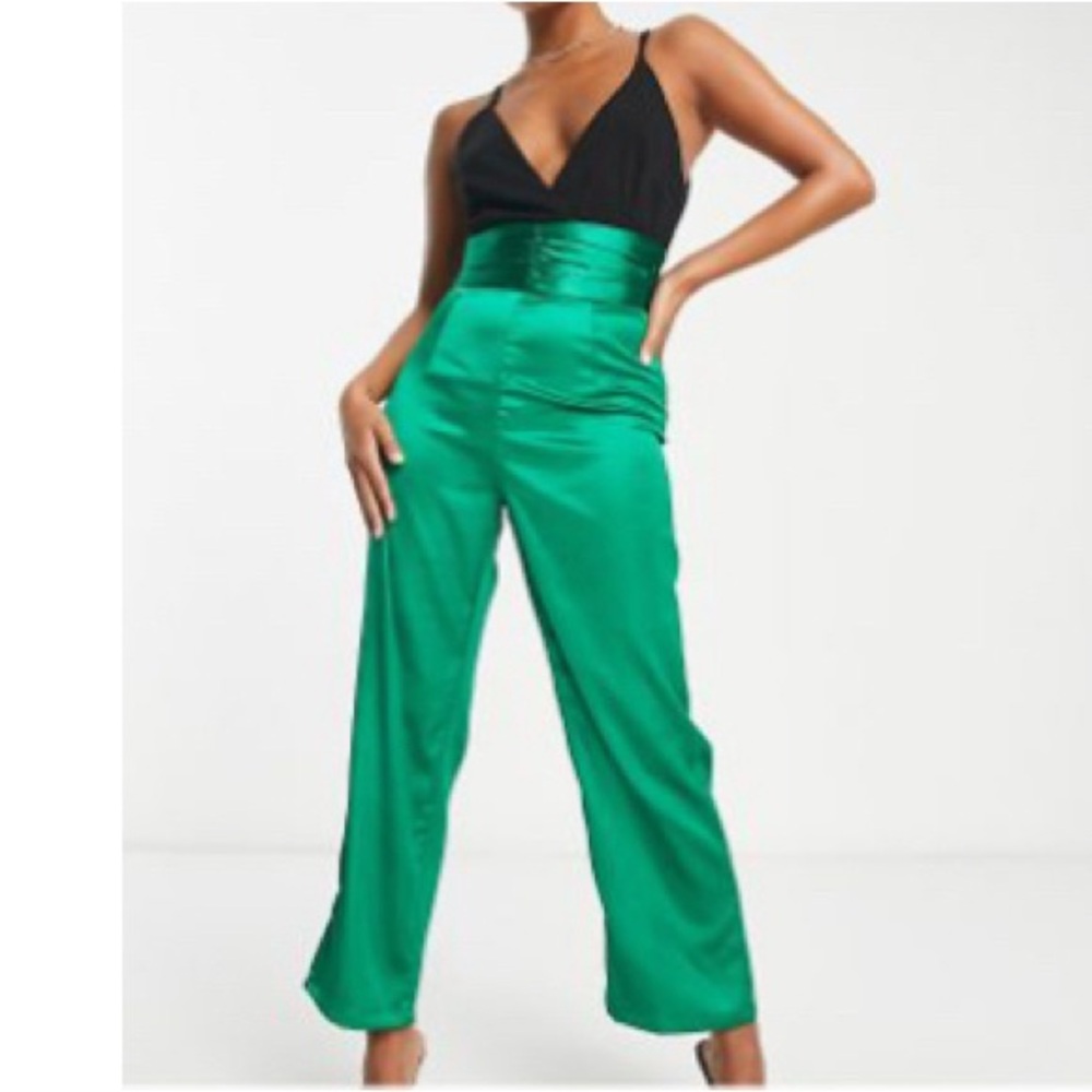 New Petite Elegant Green Satin Jumpsuit